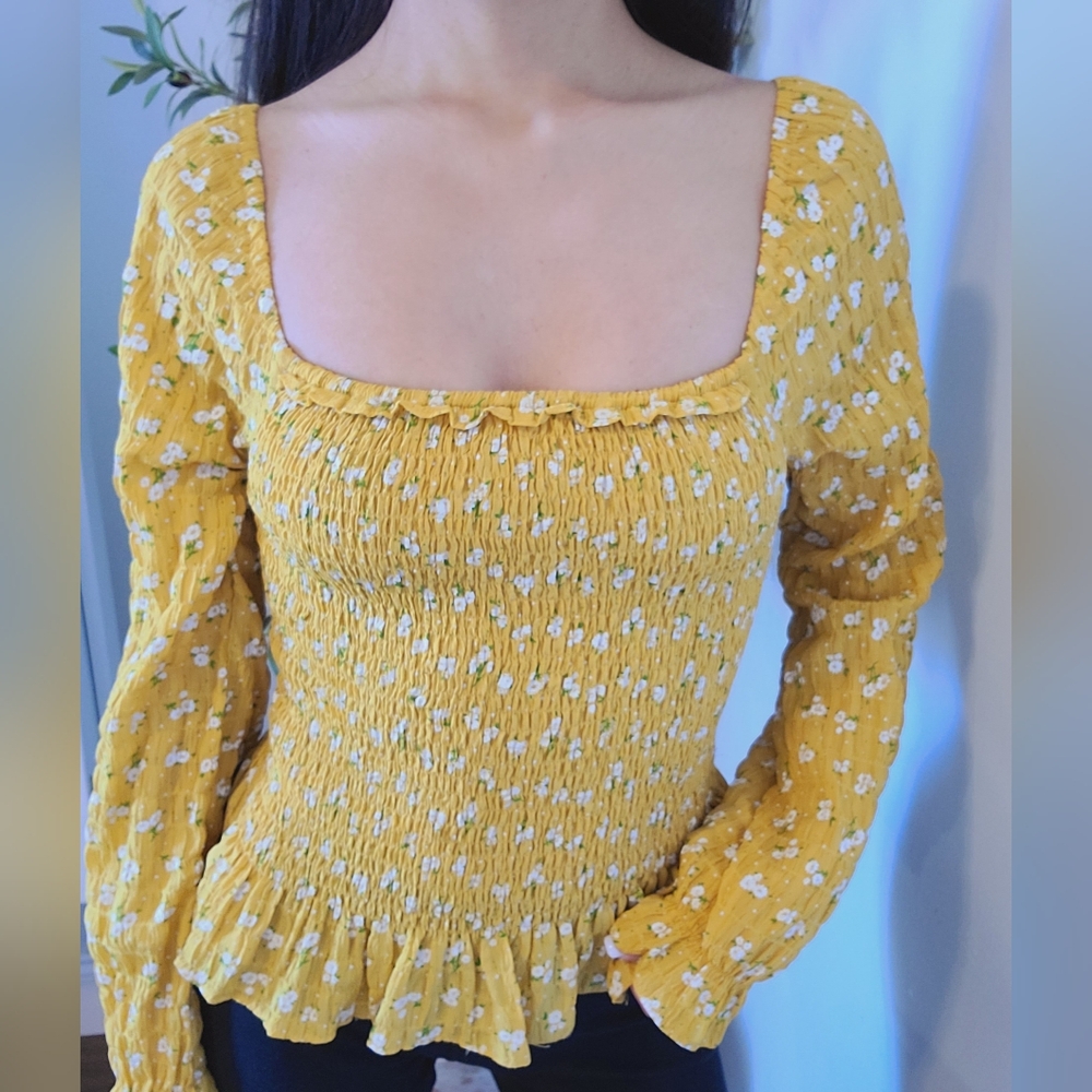 Allegra K Yellow Floral Smocked Women's Top ( Pants Not Included )